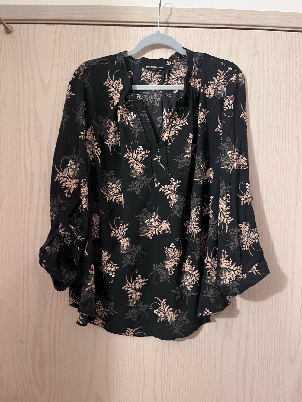 Zac and Rachel Black Floral Split-Neck Blouse - Charming Printed Women’s Top